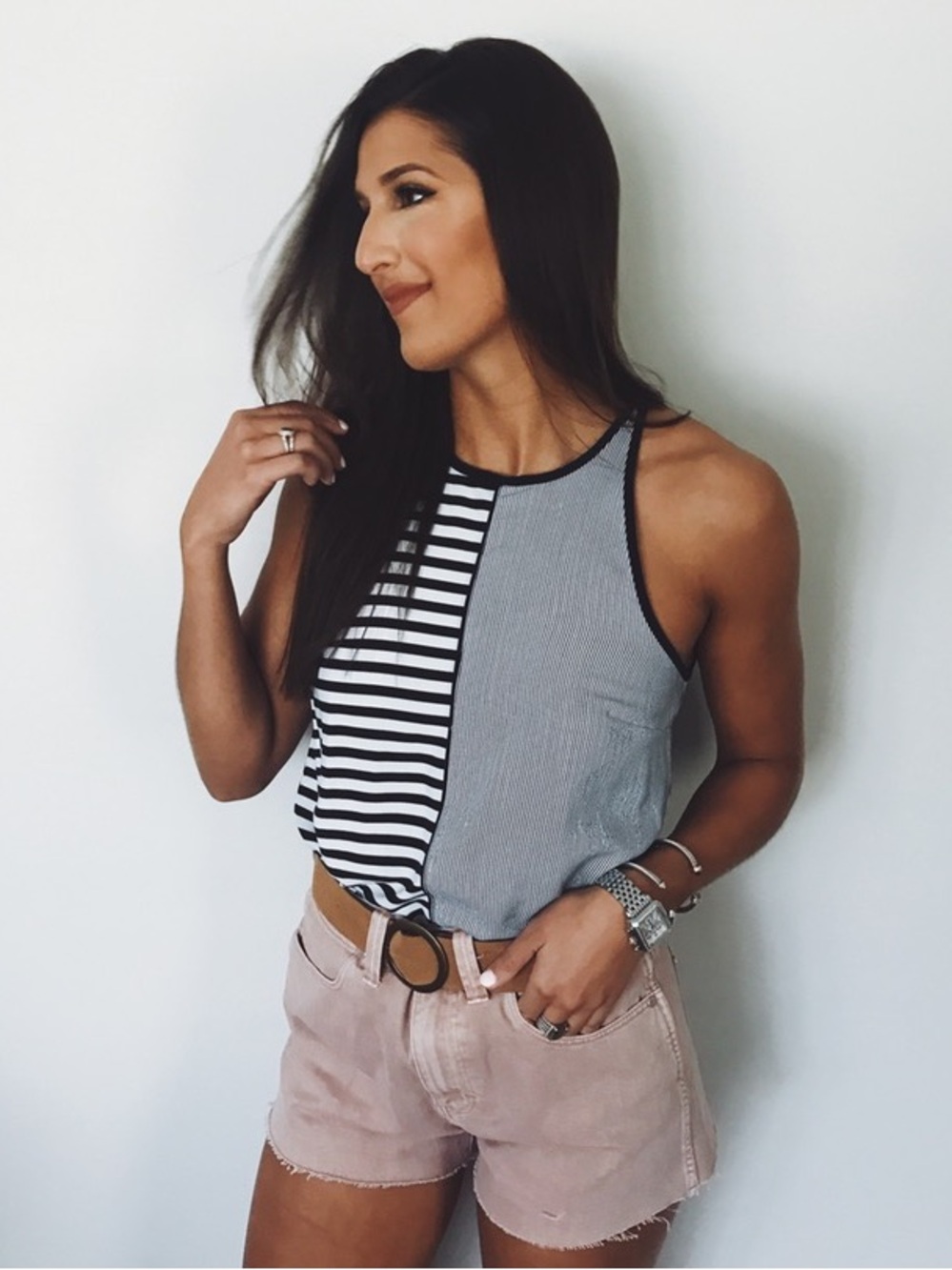 Splendid Women's Black and White Split-Stripe Tank Top
